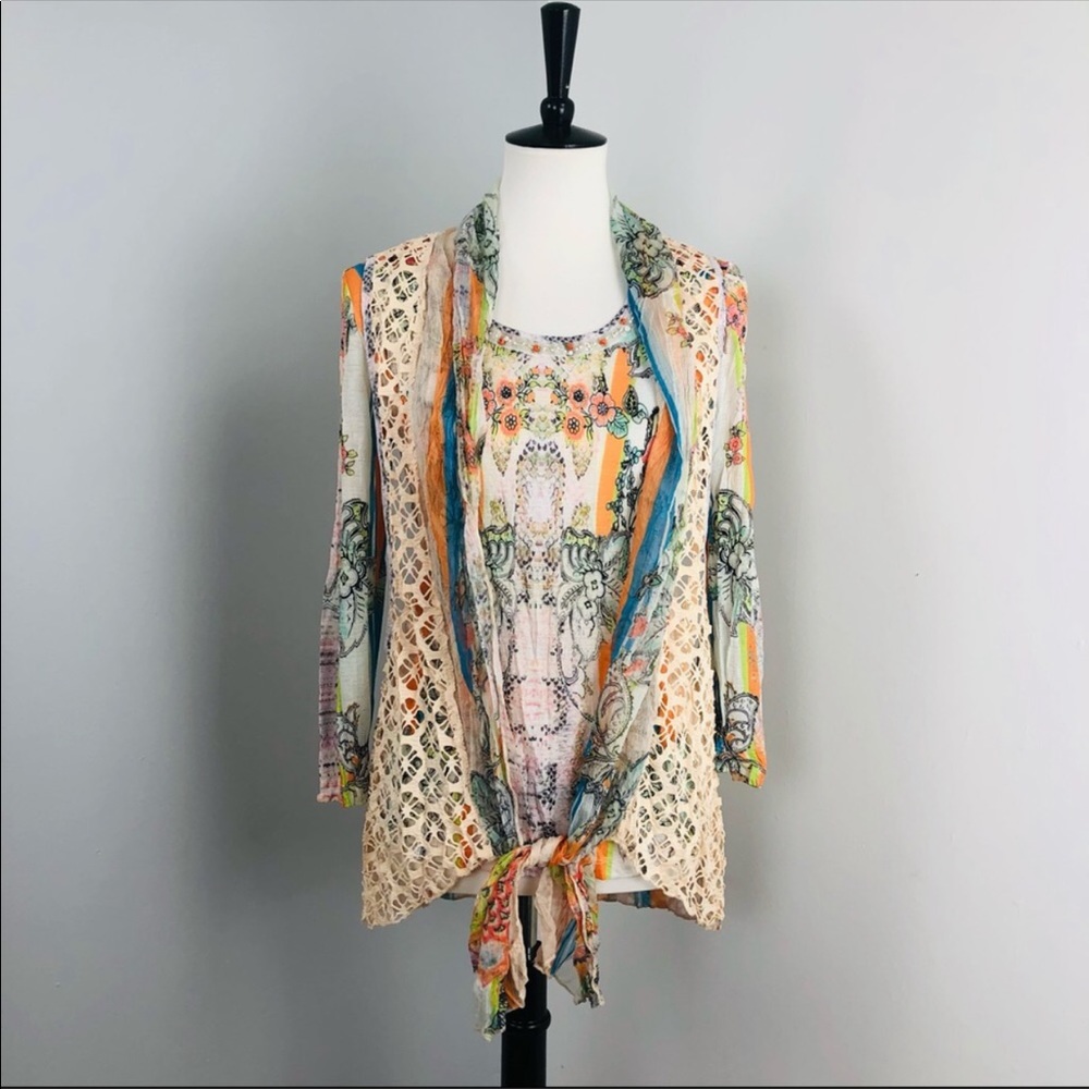 Alberto Makali Sheer Long Sleeve With Crochet Boho Vest Size Small